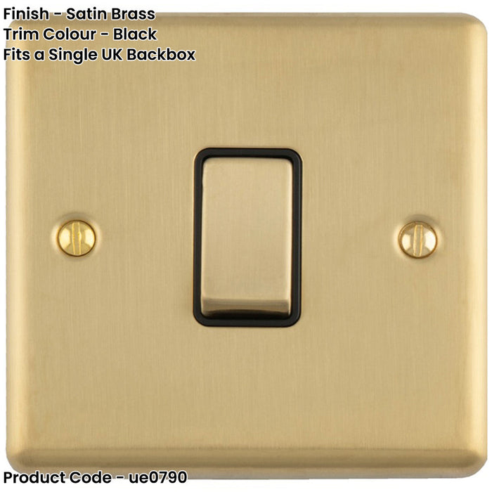 1 Gang Single 10A INTERMEDIATE Light Switch SATIN BRASS & Black Metal Rocker
