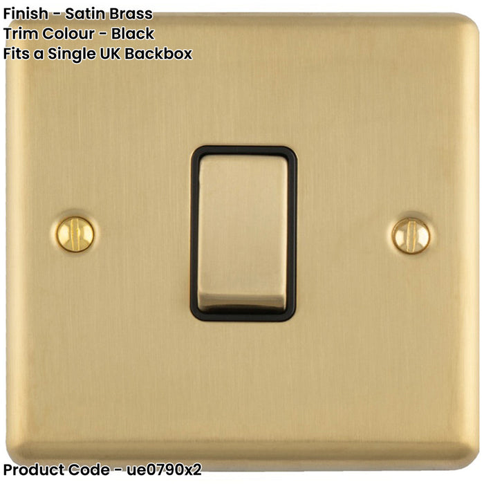 2 PACK 1 Gang Single 10A INTERMEDIATE Light Switch SATIN BRASS & Black Metal Rocker