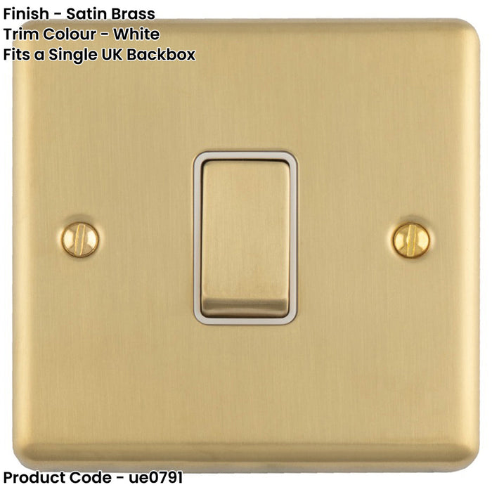 1 Gang Single 10A INTERMEDIATE Light Switch SATIN BRASS & White Metal Rocker