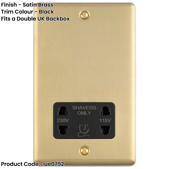 230V & 115V Shaver Twin Socket Wall Plate SATIN BRASS & Black Trim 86mm x 146mm