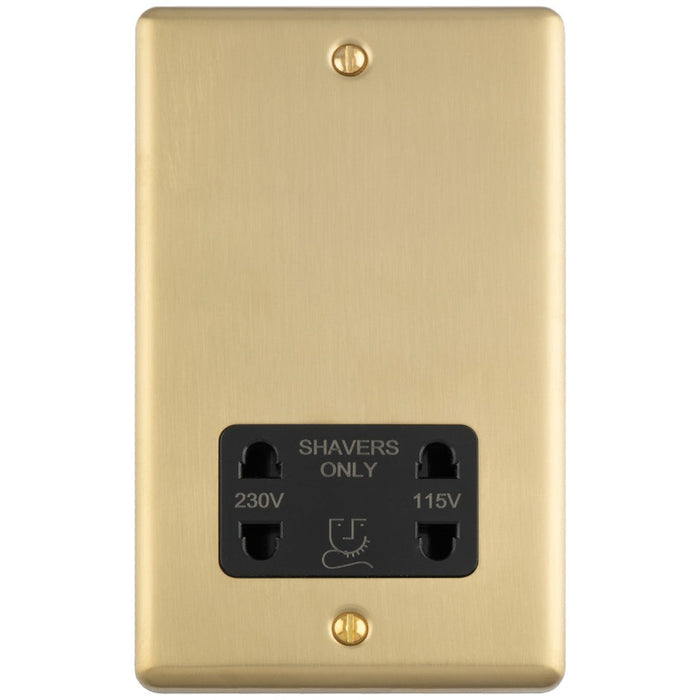 230V & 115V Shaver Twin Socket Wall Plate SATIN BRASS & Black Trim 86mm x 146mm