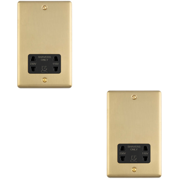2 PACK 230V & 115V Shaver Twin Socket Wall Plate SATIN BRASS & Black Trim 86mm x 146mm