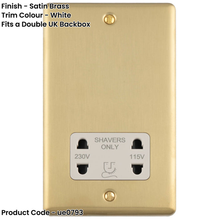 230V & 115V Shaver Twin Socket Wall Plate SATIN BRASS & White Trim 86mm x 146mm