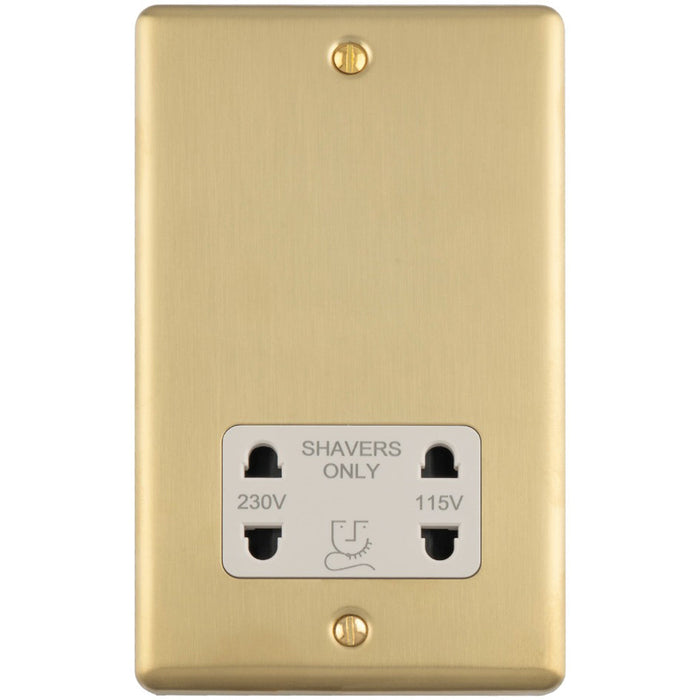 230V & 115V Shaver Twin Socket Wall Plate SATIN BRASS & White Trim 86mm x 146mm