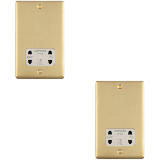 2 PACK 230V & 115V Shaver Twin Socket Wall Plate SATIN BRASS & White Trim 86mm x 146mm