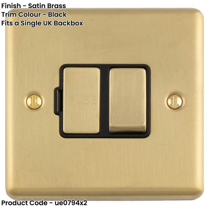 2 PACK 13A DP Switched Fuse Spur SATIN BRASS & BLACK Mains Isolation Wall Plate