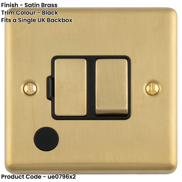 2 PACK 13A DP Switched Fuse Spur & Flex Outlet SATIN BRASS & Black Mains Isolation