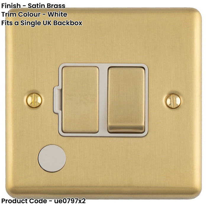 2 PACK 13A DP Switched Fuse Spur & Flex Outlet SATIN BRASS & White Mains Isolation