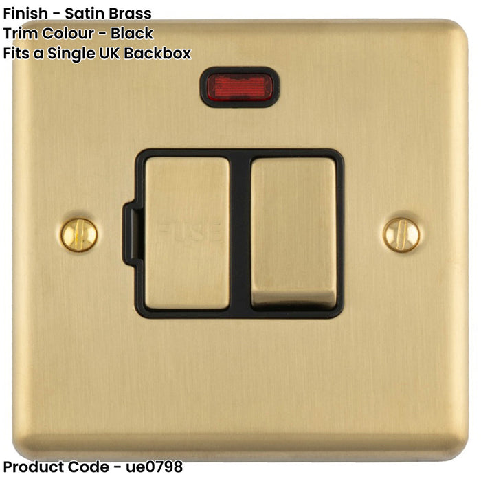 13A DP Switched Fuse Spur & Neon Light SATIN BRASS & Black Mains Isolation