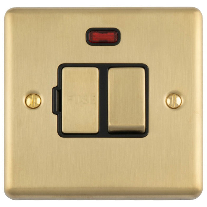 13A DP Switched Fuse Spur & Neon Light SATIN BRASS & Black Mains Isolation