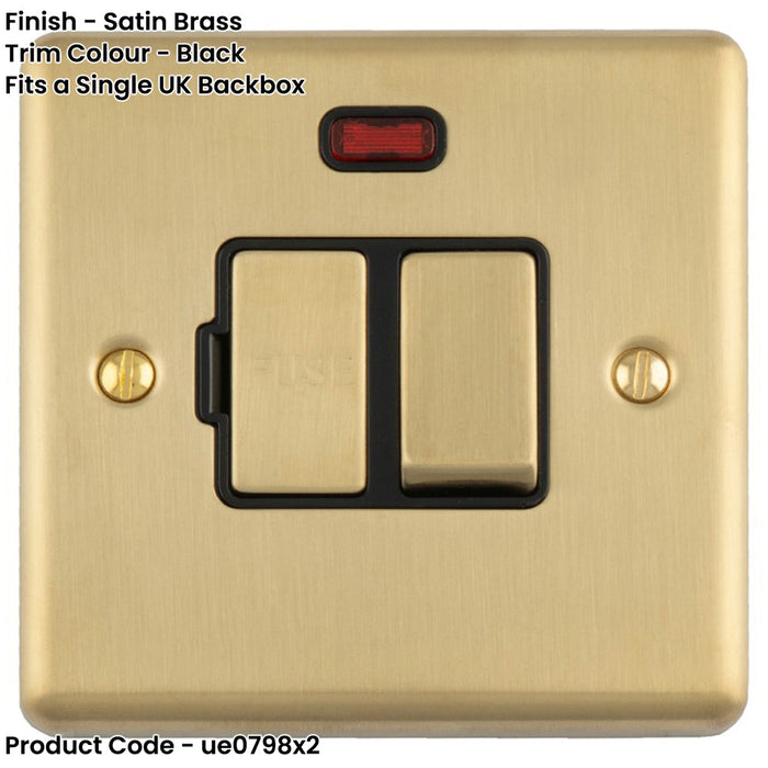 2 PACK 13A DP Switched Fuse Spur & Neon Light SATIN BRASS & Black Mains Isolation