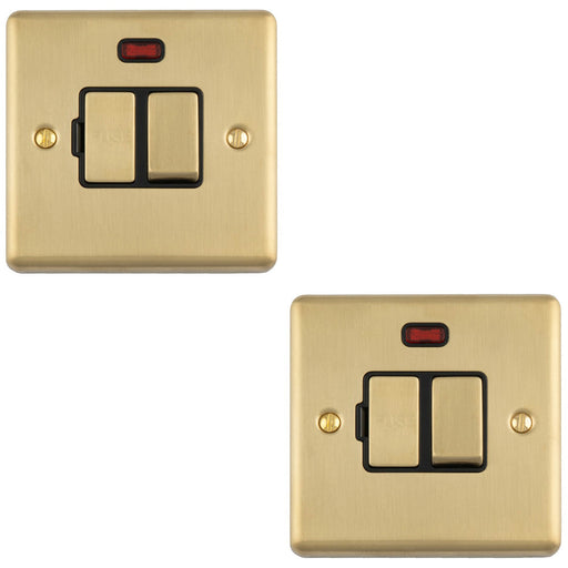 2 PACK 13A DP Switched Fuse Spur & Neon Light SATIN BRASS & Black Mains Isolation