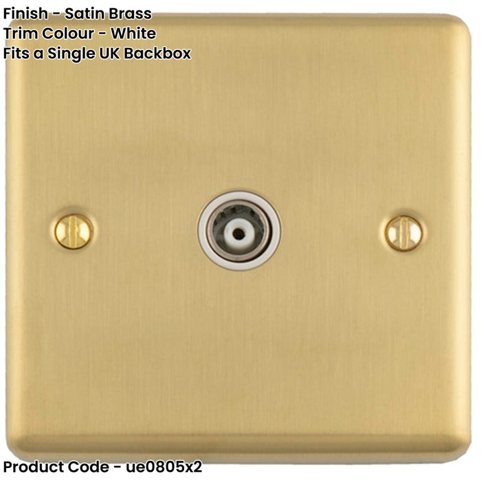 2 PACK 1 Gang Single TV Coaxial Aerial Socket SATIN BRASS & White Female Wall Plate Outlet