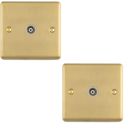 2 PACK 1 Gang Single TV Coaxial Aerial Socket SATIN BRASS & White Female Wall Plate Outlet