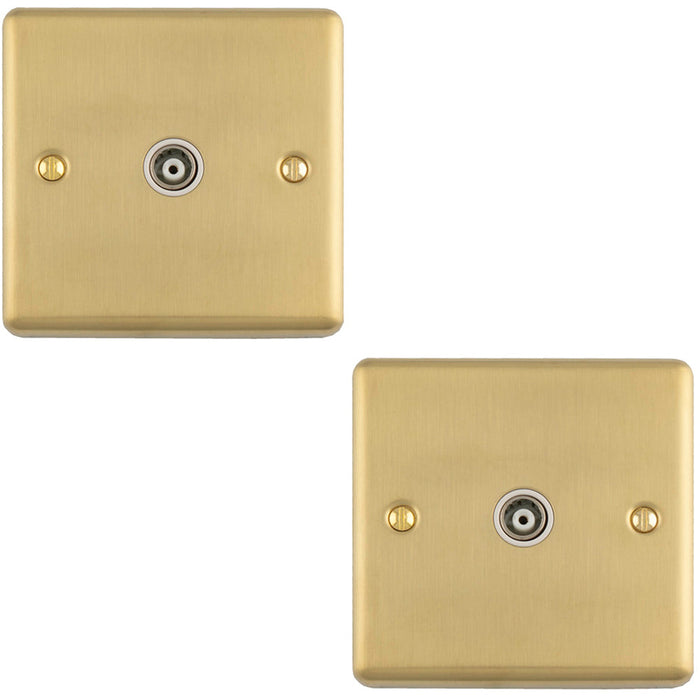 2 PACK 1 Gang Single TV Coaxial Aerial Socket SATIN BRASS & White Female Wall Plate Outlet