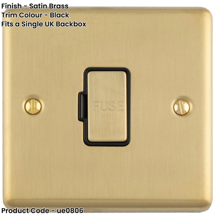 13A DP Unswitched Fuse Spur SATIN BRASS & Black Mains Isolation Wall Plate