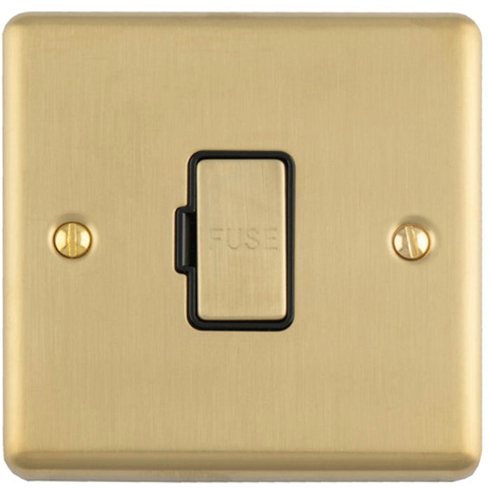 13A DP Unswitched Fuse Spur SATIN BRASS & Black Mains Isolation Wall Plate