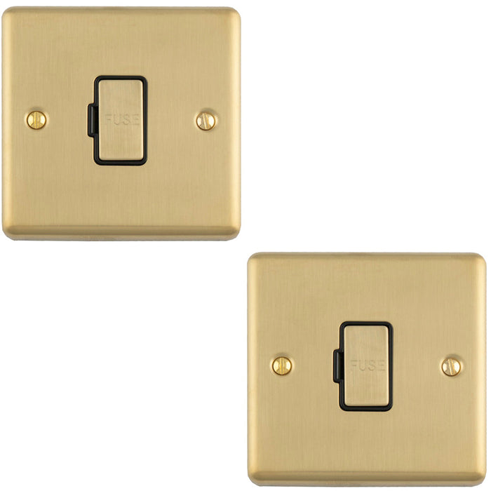 2 PACK 13A DP Unswitched Fuse Spur SATIN BRASS & Black Mains Isolation Wall Plate