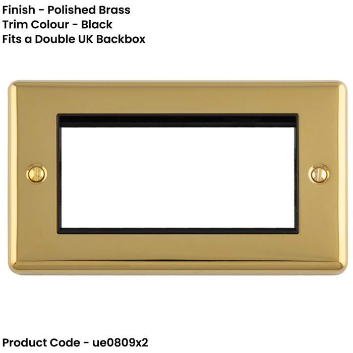 2 PACK 4 Gang EURO Module Modular Wall Face Plate Frame POLISHED BRASS & BLACK 25x50mm