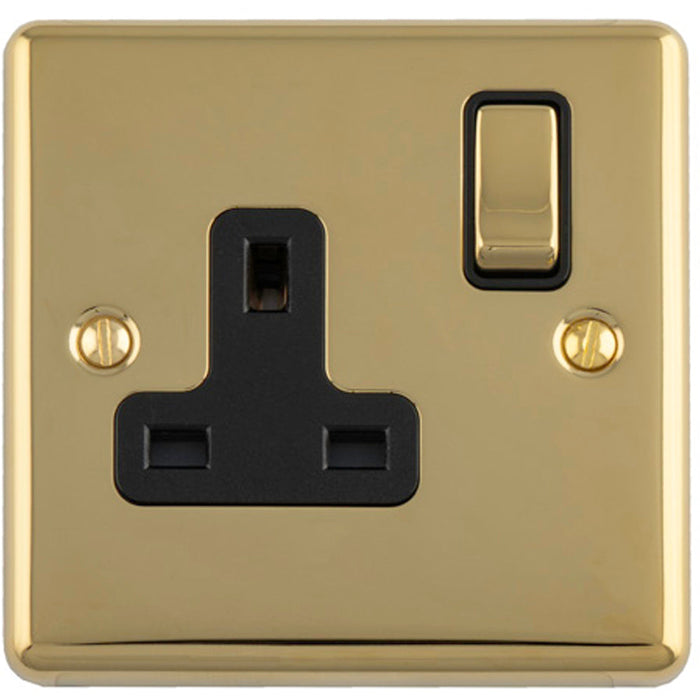 1 Gang Single UK Plug Socket POLISHED BRASS & BLACK 13A Switched Mains Wall Power Outlet