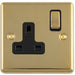 1 Gang Single UK Plug Socket POLISHED BRASS & BLACK 13A Switched Mains Wall Power Outlet