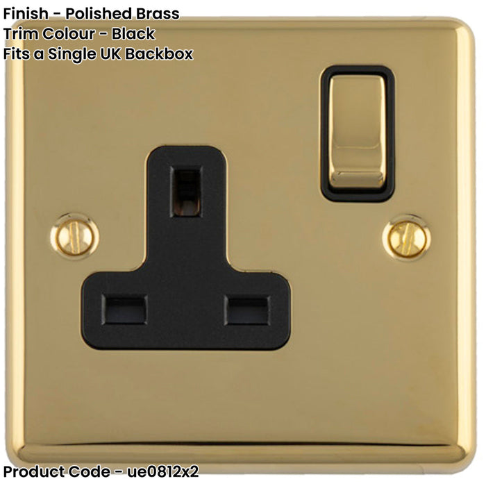 2 PACK 1 Gang Single UK Plug Socket POLISHED BRASS & BLACK 13A Switched Mains Wall Power Outlet