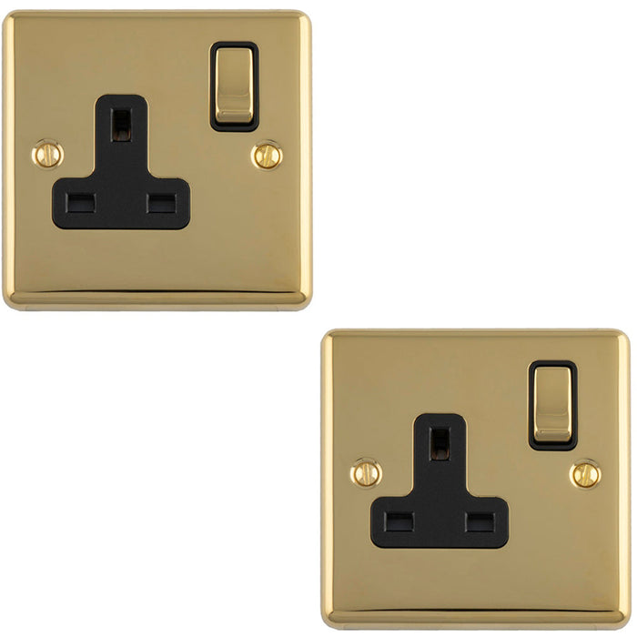 2 PACK 1 Gang Single UK Plug Socket POLISHED BRASS & BLACK 13A Switched Mains Wall Power Outlet
