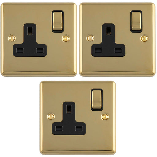 3 PACK 1 Gang Single UK Plug Socket POLISHED BRASS & BLACK 13A Switched Mains Wall Power Outlet