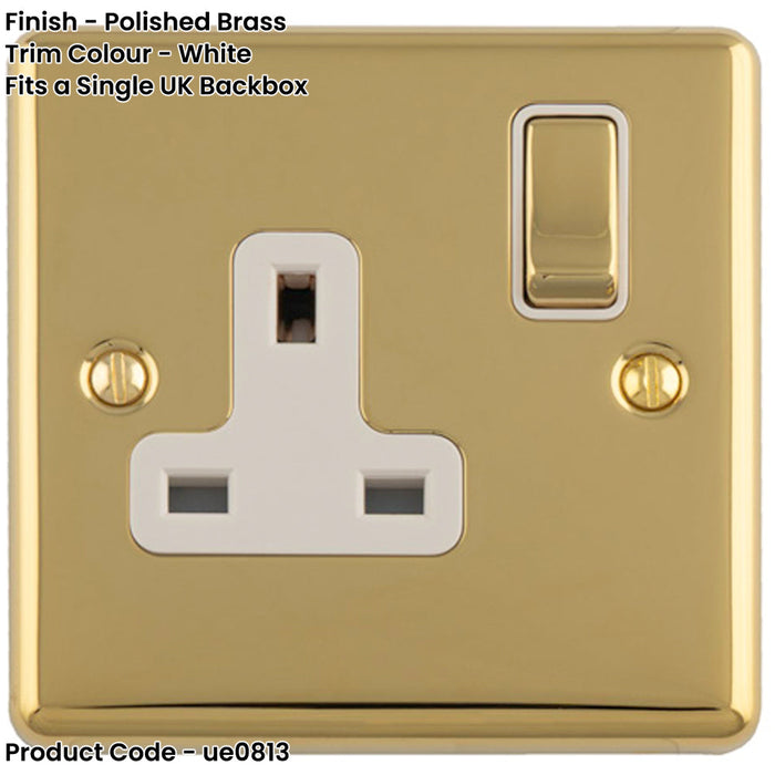 1 Gang Single UK Plug Socket POLISHED BRASS & WHITE 13A Switched Mains Wall Power Outlet