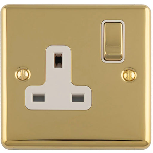 1 Gang Single UK Plug Socket POLISHED BRASS & WHITE 13A Switched Mains Wall Power Outlet