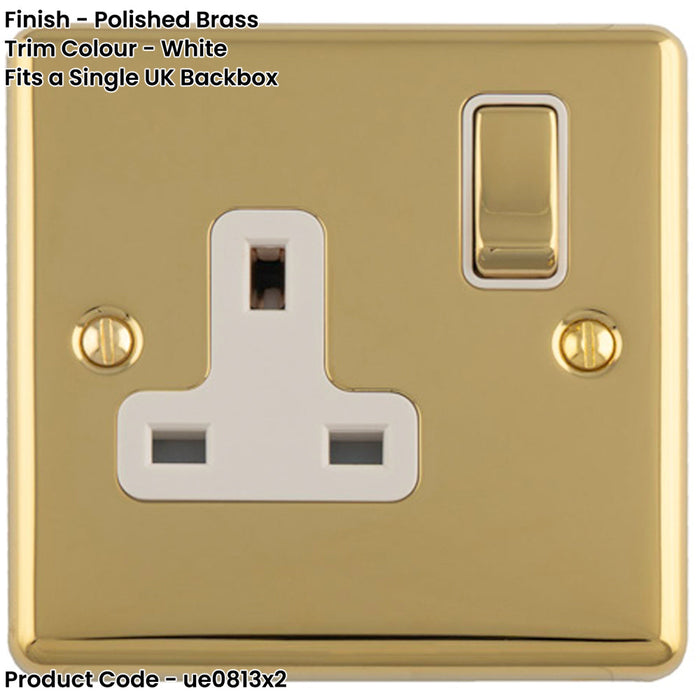 2 PACK 1 Gang Single UK Plug Socket POLISHED BRASS & WHITE 13A Switched Mains Wall Power Outlet