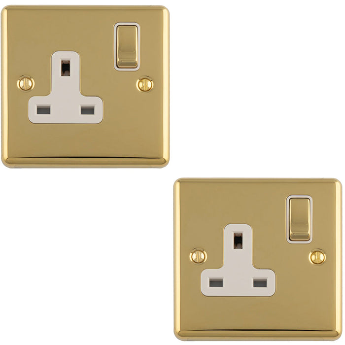 2 PACK 1 Gang Single UK Plug Socket POLISHED BRASS & WHITE 13A Switched Mains Wall Power Outlet