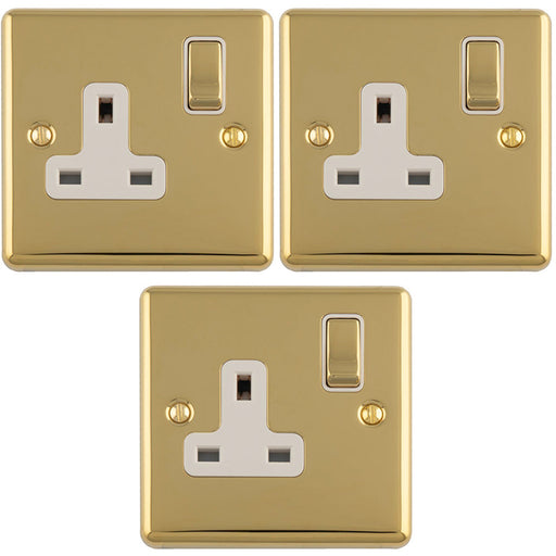 3 PACK 1 Gang Single UK Plug Socket POLISHED BRASS & WHITE 13A Switched Mains Wall Power Outlet
