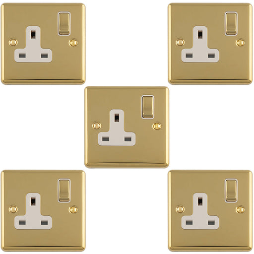 5 PACK 1 Gang Single UK Plug Socket POLISHED BRASS & WHITE 13A Switched Mains Wall Power Outlet