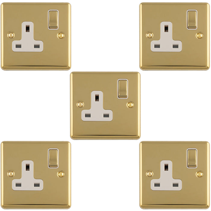 5 PACK 1 Gang Single UK Plug Socket POLISHED BRASS & WHITE 13A Switched Mains Wall Power Outlet