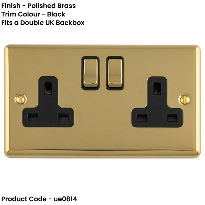 2 Gang Double UK Plug Socket POLISHED BRASS & BLACK 13A Switched Mains Wall Power Outlet