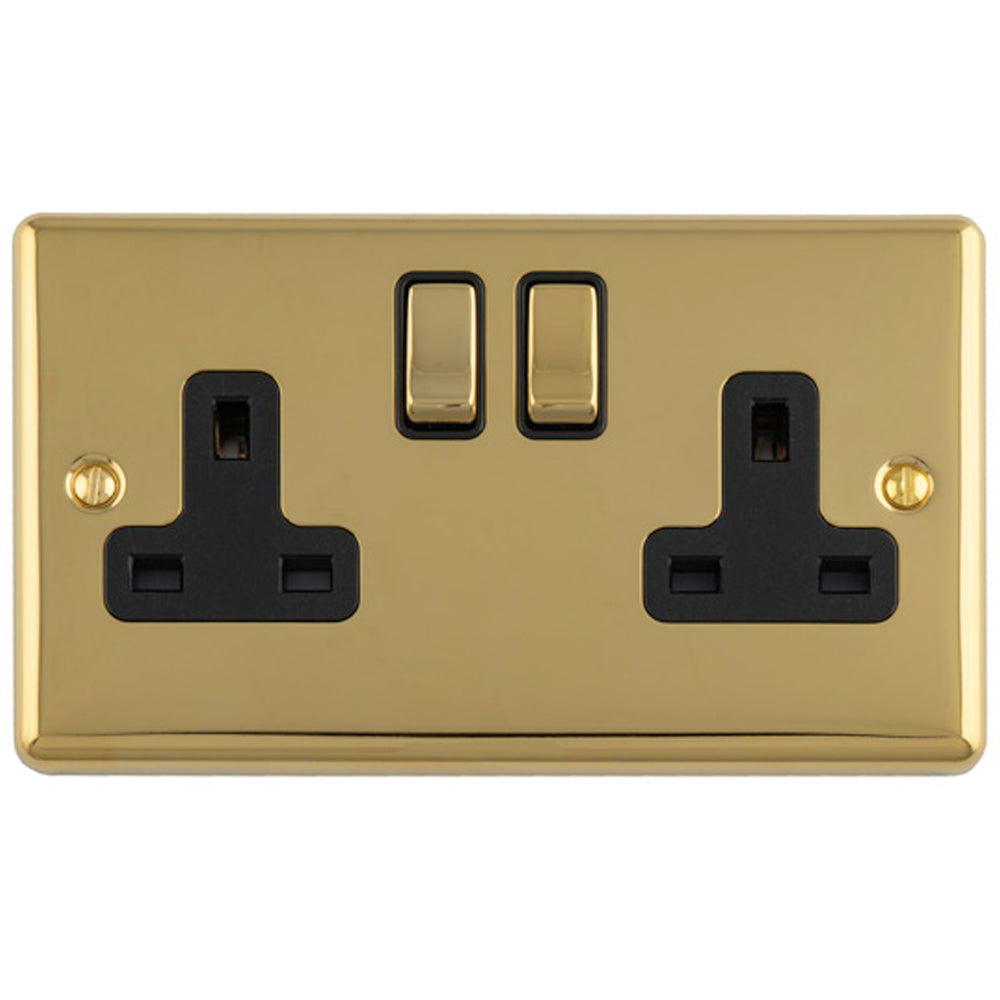 2 Gang Double UK Plug Socket POLISHED BRASS & BLACK 13A Switched Mains ...