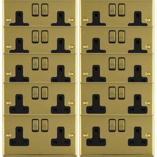 10 PACK 2 Gang Double UK Plug Socket POLISHED BRASS & BLACK 13A Switched Mains Wall Power Outlet