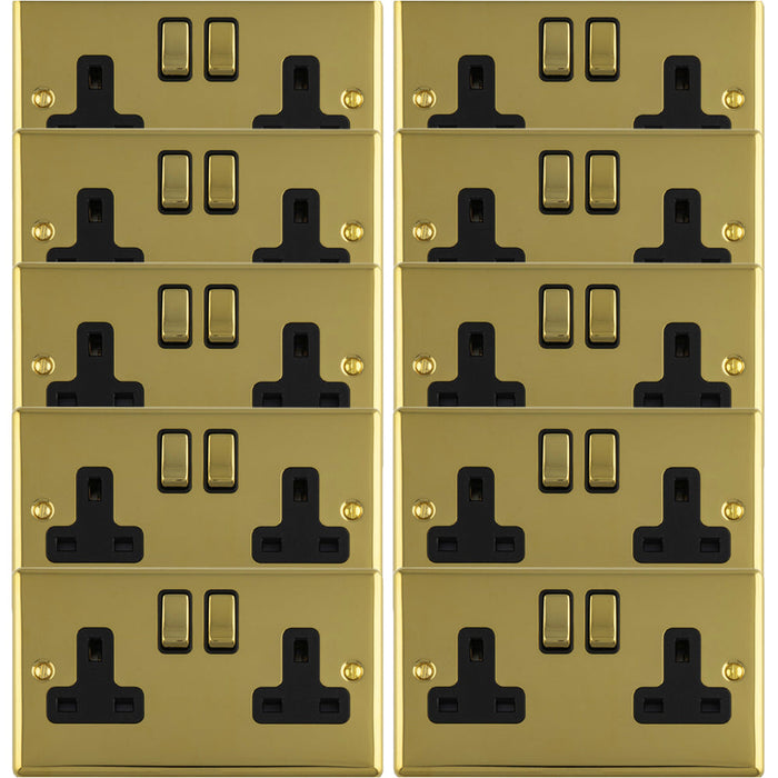 10 PACK 2 Gang Double UK Plug Socket POLISHED BRASS & BLACK 13A Switched Mains Wall Power Outlet