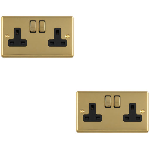 2 PACK 2 Gang Double UK Plug Socket POLISHED BRASS & BLACK 13A Switched Mains Wall Power Outlet
