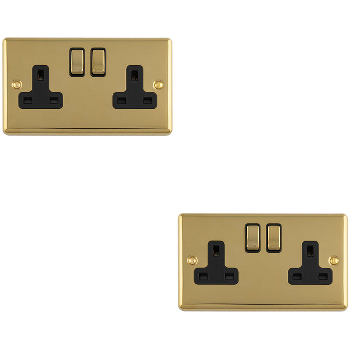 2 PACK 2 Gang Double UK Plug Socket POLISHED BRASS & BLACK 13A Switched Mains Wall Power Outlet