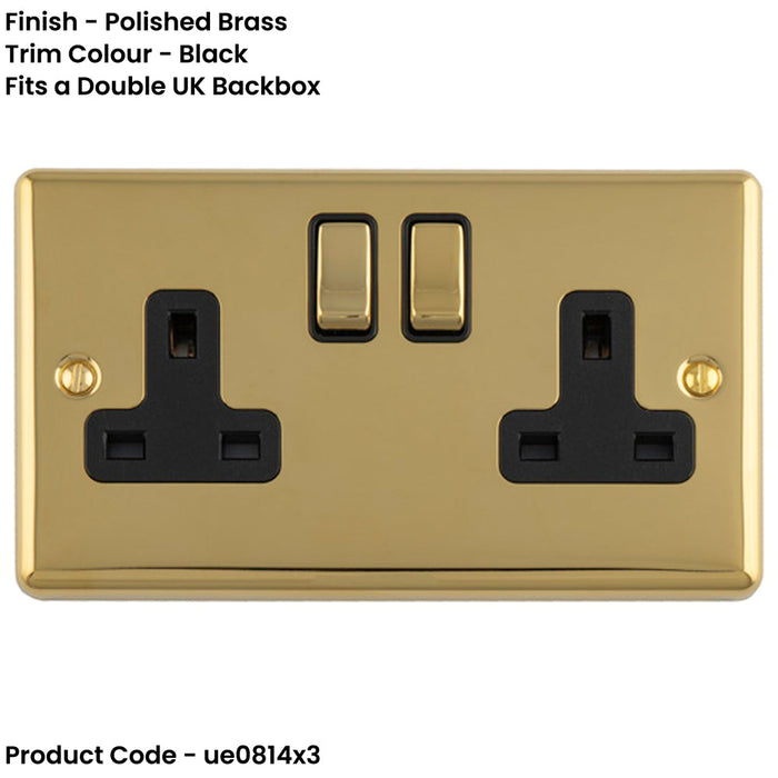3 PACK 2 Gang Double UK Plug Socket POLISHED BRASS & BLACK 13A Switched Mains Wall Power Outlet