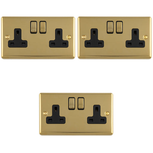 3 PACK 2 Gang Double UK Plug Socket POLISHED BRASS & BLACK 13A Switched Mains Wall Power Outlet
