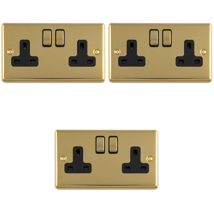 3 PACK 2 Gang Double UK Plug Socket POLISHED BRASS & BLACK 13A Switched Mains Wall Power Outlet