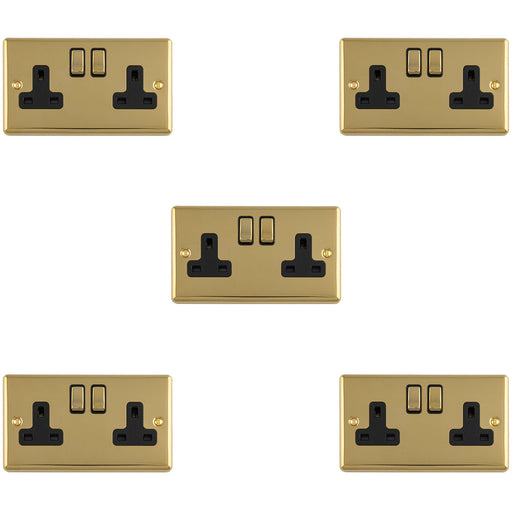 5 PACK 2 Gang Double UK Plug Socket POLISHED BRASS & BLACK 13A Switched Mains Wall Power Outlet