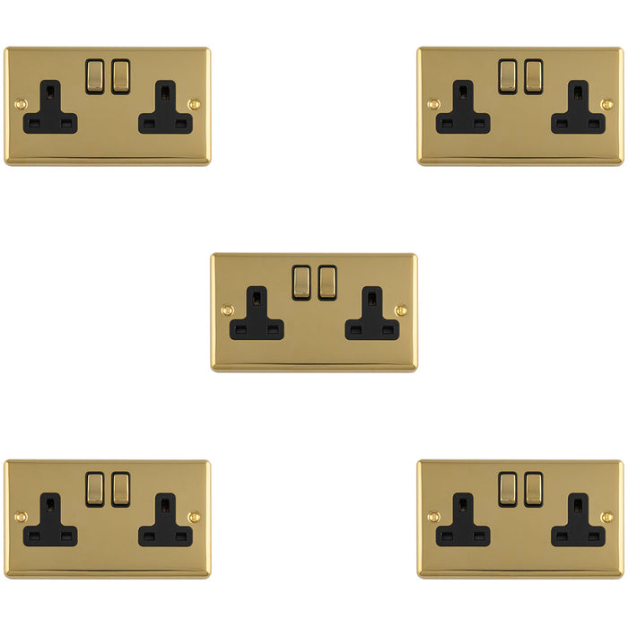 5 PACK 2 Gang Double UK Plug Socket POLISHED BRASS & BLACK 13A Switched Mains Wall Power Outlet