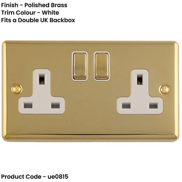 2 Gang Double UK Plug Socket POLISHED BRASS & WHITE 13A Switched Mains Wall Power Outlet