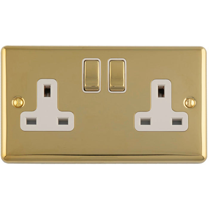 2 Gang Double UK Plug Socket POLISHED BRASS & WHITE 13A Switched Mains Wall Power Outlet