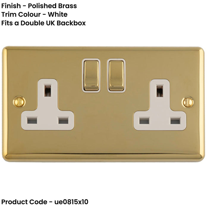 10 PACK 2 Gang Double UK Plug Socket POLISHED BRASS & WHITE 13A Switched Mains Wall Power Outlet