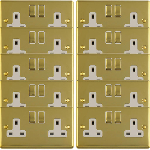 10 PACK 2 Gang Double UK Plug Socket POLISHED BRASS & WHITE 13A Switched Mains Wall Power Outlet